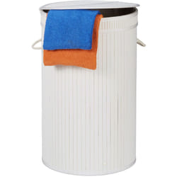 Cesto Portabiancheria in Bambù, Cesta Rotonda Pieghevole, con Coperchio, 65 litri, Diametro 40 cm, Bianco - Relaxdays