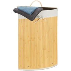 Relaxdays Cesta Porta-Biancheria Angolare in Bambù, 60 l, Pieghevole, con Coperchio, Sacco, 65,5x49,5x37 cm, Crema