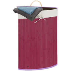 Relaxdays - Cesta Porta-Biancheria Angolare in Bambù, 60 l, Pieghevole, con Coperchio, Sacco, 65,5x49,5x37 cm, Viola