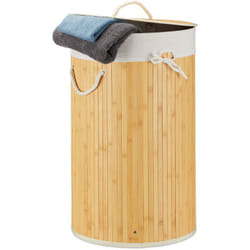 Cesto Portabiancheria, Rotondo, Pieghevole, 70 l di Volume, Coperchio e Sacco di Cotone, ø 41 cm, Crema - Relaxdays