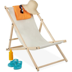 Sdraio in Legno, Sedia da Spiaggia, Fodera in tessuto, Pieghevole e Regolabile, Spiaggia, Balcone, Beige - Relaxdays
