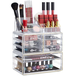 Organizer Make-Up con Cassetti, Porta-Trucchi e Accessori, Acrilico, Trasparente/oro - Relaxdays