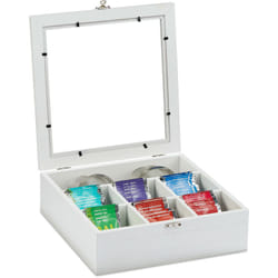 Relaxdays Scatola Porta Tè e Tisane, 7 Scomparti, Organizer con Coperchio Salva-Aroma, HLP: 8 x 25 x 25,5 cm, Bianco
