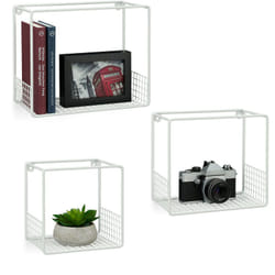 Mensole Cubo, Set 3 pz, Salotto, Struttura Griglia, Design Moderno, Scaffali Muro Metallo, P:15 cm, in bianco - Relaxdays
