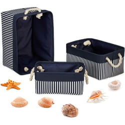 Relaxdays - Ceste Portaoggetti in Set da 3, Cestini in 3 Grandezze, Ceste a Righe, Motivi Marittimi, in Stoffa, Blu-Bianco