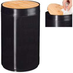 Relaxdays - Pattumiera per Cosmetici, con Coperchio Girevole in Bambù Cestino Moderno, 5,5 Litri, HxD 26,5 x 18 cm, Nero