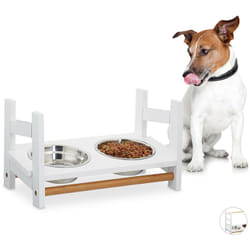 Relaxdays - Ciotola per Cani, 2 Scodelle da 500 ml in Acciaio Inox, Altezza Regolabile, 20 cm, Ripiano, Bambù, mdf, Bianco