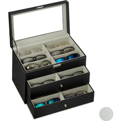 Scatola per 18 Paia di Occhiali, Espositore, Dimensioni HxLxP: 22,5 x 33,5 x 19 cm, Box in Similpelle, Nera - Relaxdays