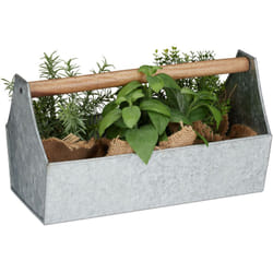 Relaxdays - Cassetta Coprivaso con Impugnatura in Legno, Attrezzi, Vaso per Fiori & Erbe, Balcone, Metallo Zincato,Argento