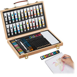 Relaxdays - Valigetta con Kit da Pittura e Disegno, 56 Accessori, Matite Gomma Temperino Acquerelli, Legno Naturale