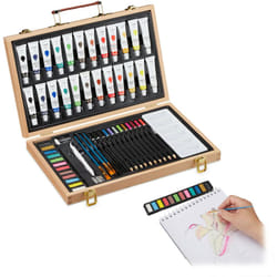 Relaxdays - Valigetta con Kit da Pittura e Disegno, 56 Accessori, Matite Gomma Temperino Colori ad Olio, Legno Naturale