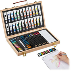 Relaxdays - Valigetta con Kit Pittura e Disegno, 56 Accessori, Matite Gomma Temperino Colori Acrilici, Legno Naturale