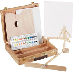 Relaxdays - Valigetta Pittore, 22 pz,Set Disegno in Legno, Manichino, Tavolozza, Pennelli, Tela, Cavalletto, Colori,Legno