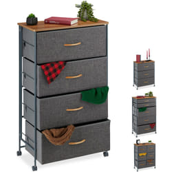 Relaxdays Cassettiera con Ruote, Cassetti in Stoffa, Mobiletto, Ripiano in Aspetto Legno, HxLxP: 93x58x30 cm, Grigio