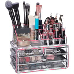 Relaxdays Organizer Make-up, Contenitore con Porta-Rossetti 4 Cassetti Acrilico Beauty Box Salvaspazio, Trasparente Rosa