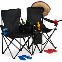 Sedia da Campeggio Doppia, Pieghevole e Portatile, con Portabevande e Borsa Termica, Scomparti, Nero - Relaxdays