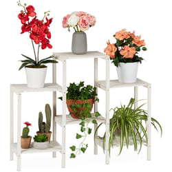 Relaxdays Scaffale per Fiori, 70 x 89 x 26,5 cm, Ripiani per Piante Decorativo, Portafiori per Interni da Terra, Bianco