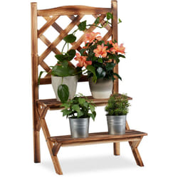 Relaxdays - Fioriera a Scala con Spalliera, Portapiante, 2 Ripiani, Legno, hlp 89x51x40 cm, Effetto Bruciato