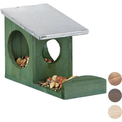 Relaxdays - Mangiatoia per Scoiattoli in Legno, Tettuccio Metallico Resistente alle Intemperie Da Appendere Verde Scuro