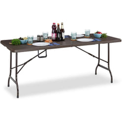 Tavolo Giardino, Aspetto Legno, Pieghevole, Plastica & Metallo, Esterni, Bistrò hlp: 73 x 180 x 74 cm, marrone - Relaxdays