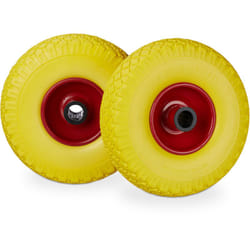 Set di 2 Ruote per Carrelli a Mano, Gomma Piena Antipanne, Asse 25mm, 100 kg, max, 260x85mm, Giallo-Rosso - Relaxdays