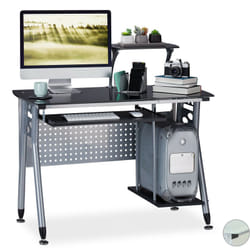 Relaxdays Tavolo in Vetro per Computer, Ripiano Tastiera & Scomparto per PC, HLP: 98x105x55 cm, Moderno, Nero