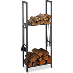 Relaxdays - Scaffale Porta-Legna con 2 Ripiani, 150 x 60 x 30 cm, 4 Ganci per gli Accessori da Camino, Acciaio, Antracite