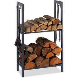 Relaxdays - Scaffale Porta-Legna con 2 Ripiani, 100 x 60 x 30 cm, 4 Ganci per gli Accessori da Camino, Acciaio, Antracite