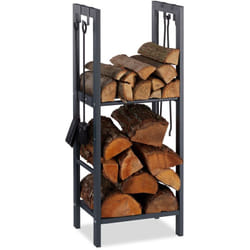 Relaxdays - Scaffale Porta-Legna con 2 Ripiani, 100 x 40 x 30 cm, 4 Ganci per gli Accessori da Camino, Acciaio, Antracite