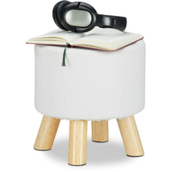 Sgabello in Similpelle, Imbottito, a 4 Gambe, Poggiapiedi Liscio, Rotondo, Decorativo, HxD: 30 x 31 cm, Bianco - Relaxdays