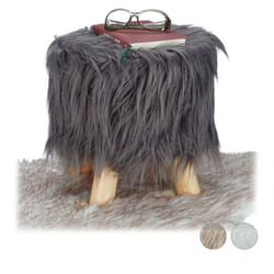 Sgabello con Pelliccia, Morbido, 4 Gambe in Legno, Poggiapiedi Imbottito, Pelo Sintetico, Rotondo, Decorativo, HxD: 31x31 cm, Grigio - Relaxdays