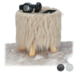Sgabello con Pelliccia, Morbido, 4 Gambe in Legno, Poggiapiedi Imbottito, Pelo Sintetico, Rotondo, Decorativo, HxD: 31x31 cm, Marrone - Relaxdays