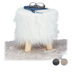 Sgabello con Pelliccia, Morbido, 4 Gambe in Legno, Poggiapiedi Imbottito, Pelo Sintetico, Rotondo, Decorativo, HxD: 31x31 cm, Bianco - Relaxdays