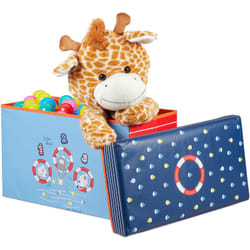 Pouf per Bambini, Sgabello Contenitore per Giocattoli, Pieghevole, Per Bimbi e Bimbe, Salvaspazio, Mare, Blu - Relaxdays