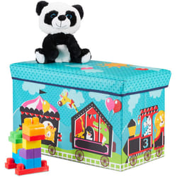 Pouf per Bambini, Sgabello Contenitore per Giocattoli, Pieghevole, Bimbi e Bimbe, Salvaspazio, Circo, Turchese - Relaxdays
