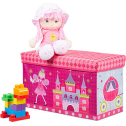 Pouf per Bambini, Contenitore per Giocattoli, Pieghevole, Bimbi e Bimbe, Salvaspazio, Principesse e Fate, Rosa - Relaxdays