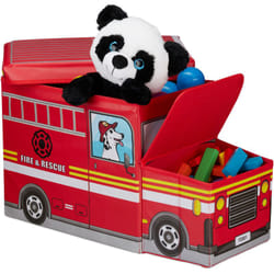 Relaxdays - Sgabello Bambini Contenitore Giocattoli con Scomparto, Pieghevole, Camioncino Vigili del Fuoco 50 l Rosso