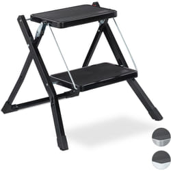 Relaxdays Scala Pieghevole, 2 Gradini, Salvaspazio, Antiscivolo, Ferro, HLP 45x50x50 cm, Nero
