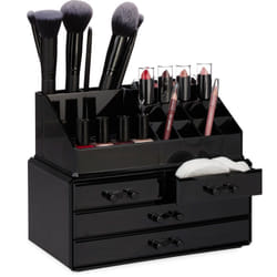 Organizer Make-up, Contenitore con Porta-Rossetti e 4 Cassetti, Acrilico, Beauty Box Salvaspazio, Nero - Relaxdays