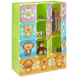 Scaffale Componibile da Cameretta, 145x110,5x46,5 cm, 10 Scomparti Disegni di Animali Asta Appendiabiti, Verde - Relaxdays