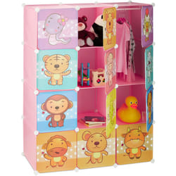 Scaffale Componibile da Cameretta, 145x110,5x46,5 cm, 10 Scomparti Disegni di Animali, Asta Appendiabiti, Rosa - Relaxdays