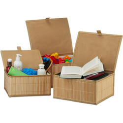 Relaxdays - Set da 3 Cesti Portaoggetti, Coperchio & Chiusura a Strappo, Cestino Contenitore in Bambù, naturale