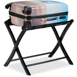 Portavaligie Pieghevole, Scaffale in Legno, Cavalletto Reggivaligie, HxLxP: 52,5 x 66,5 x 48 cm, Nero - Relaxdays
