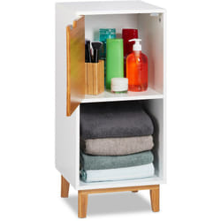 Mobiletto con Anta, Mobile per Soggiorno, Armadietto in Stile Scandivano, mdf e Bambù, hlp 71x32x30 cm, Bianco - Relaxdays