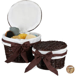Relaxdays - Cestini da Bagno Set da 2, Contenitori Portaoggetti Intrecciati, con Coperchio, Decorativi, in Fibra di Palma, Rotondi, in Marrone Scuro
