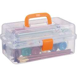 Scatola Trasparente Plastica, 9 Scomparti Per Oggetti, Maniglia e Chiusura a Scatto, 14x33x19,5 cm, Arancione - Relaxdays