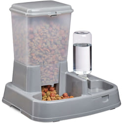 Relaxdays - Distributore Automatico di Acqua & Cibo, 2 in 1, per Cani & Gatti, Bottiglia, 4 l, Plastica, Grigio Scuro