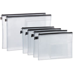Busta Portadocumenti, Set 6, con Cerniera Lampo, Passante, Bustina da Viaggio per Documenti, pvc, Chiare/Nere - Relaxdays