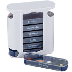 Portapillole 7 Giorni, Porta Pastiglie Settimanale, 4 Scomparti, in Inglese, Coperchio Scorrevole, Bianco Blu - Relaxdays