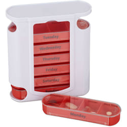Relaxdays - Portapillole 7 Giorni, Porta Pastiglie Settimanale, 4 Scomparti, Inglese, Coperchio Scorrevole, Bianco Rosso